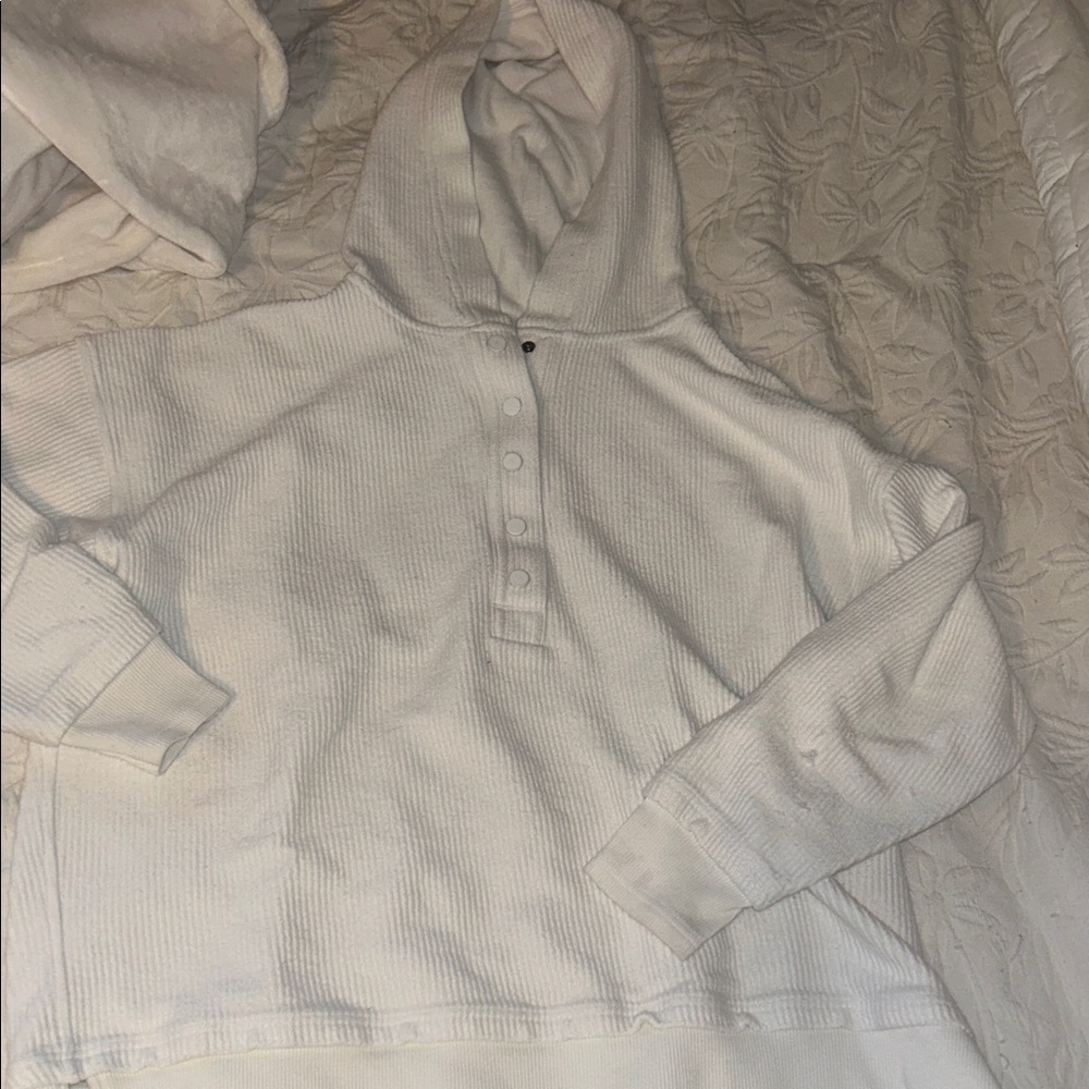 AERIE Cozy White Hooded Waffle Knit Pullover